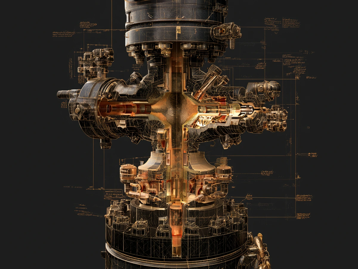 Cutaway engineering drawing of a wellhead and valve assembly