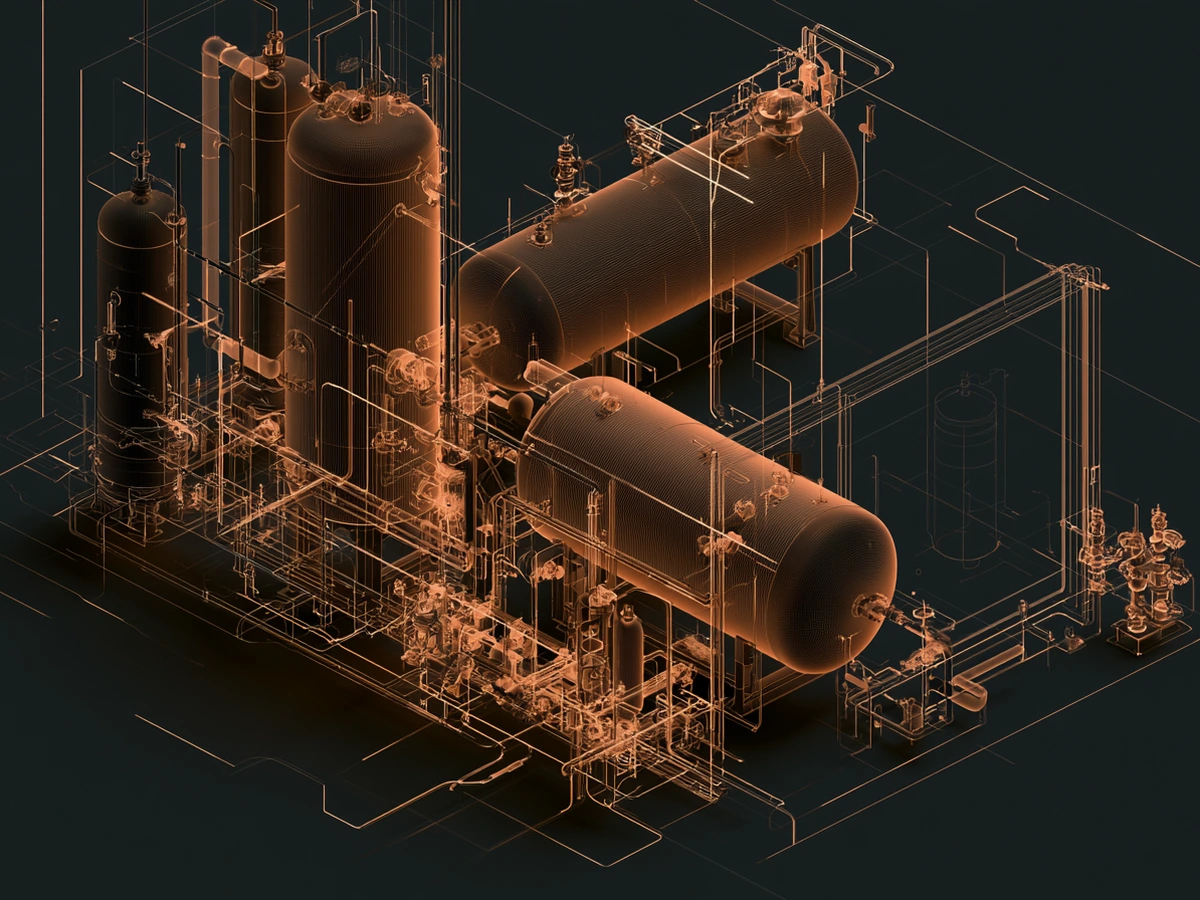Isometric technical drawing of process vessels and pipework