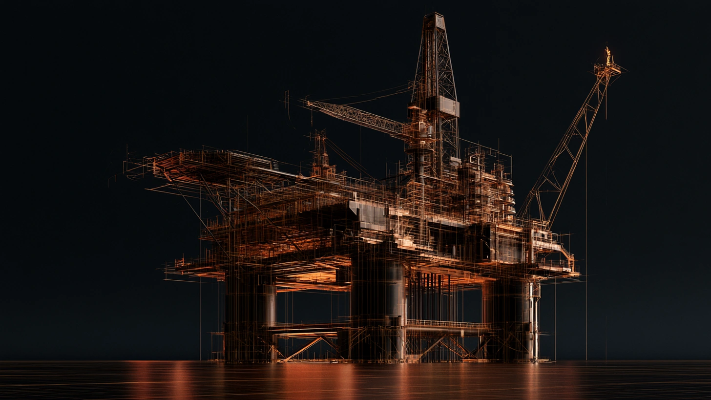 Illustration of an offshore oil platform drawn in fine bronze linework