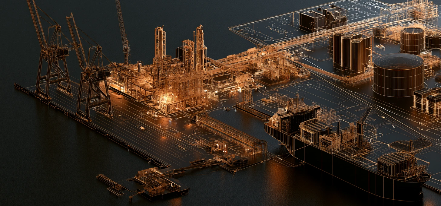 Illustration of a port supply base with gantry cranes, storage tanks and a berthed vessel