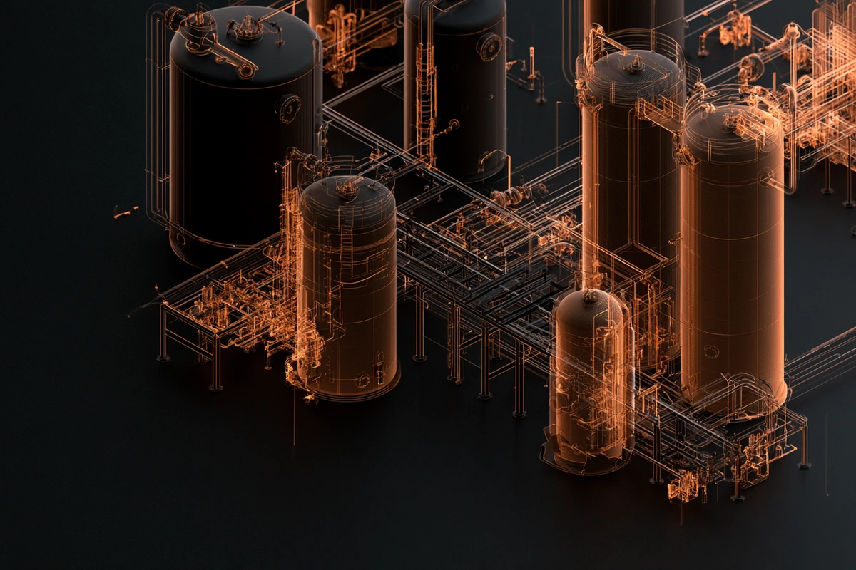Isometric technical drawing of a gas processing facility